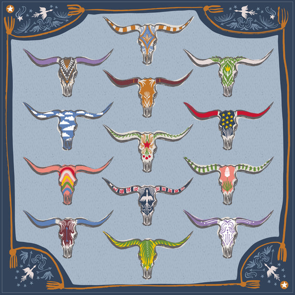 Longhorn scarf designed by artist Laura Marr featuring multi-colored longhorn steer motifs on a light blue and navy background