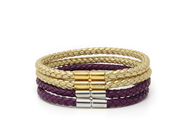 Gold and Purple Braided Bracelet - set of 4