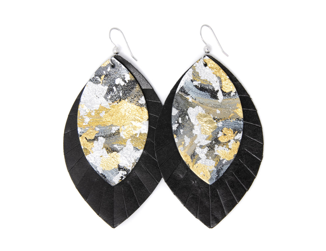 The Phyllis with Black Fringe Layered Earring | Hand-painted by Lauren Wade