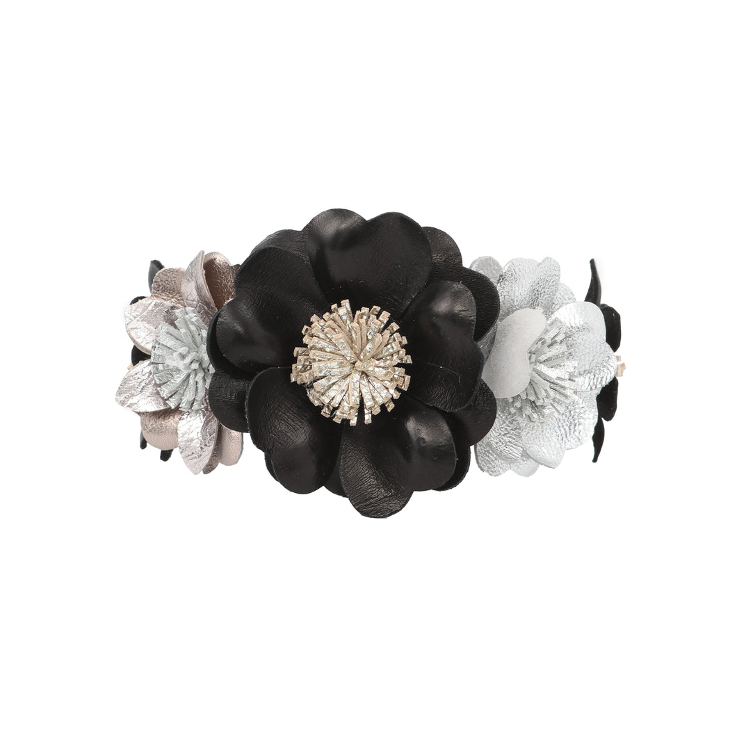 Black, Pewter & Grey Floral Leather Bracelet