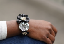 Load image into Gallery viewer, Black, Pewter &amp; Grey Floral Leather Bracelet
