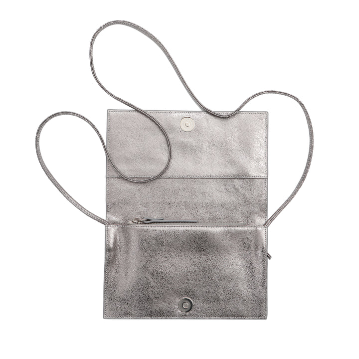 Sibby Crossbody Clutch in Silver and Pewter Leather