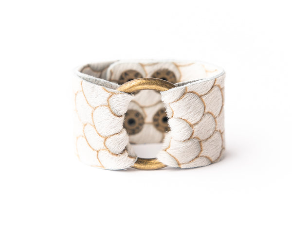 Scalloped in Taupe and Cream Leather Cuff