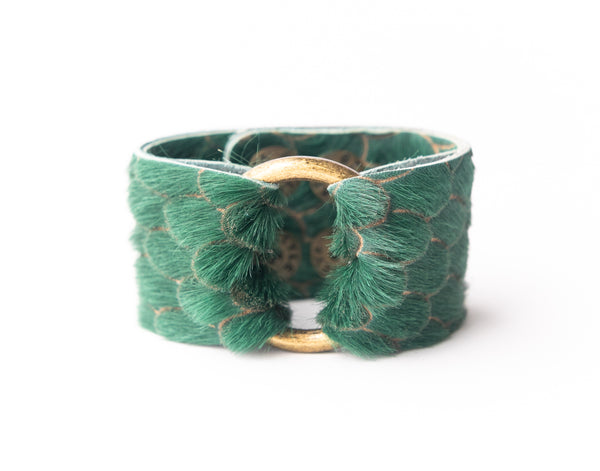 Scalloped in Green Leather Cuff