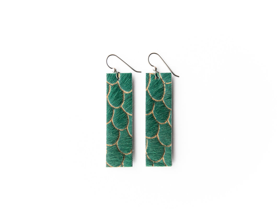 Scalloped in Green Four Corners Leather Earrings