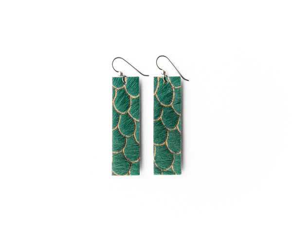 Scalloped in Green Four Corners Leather Earrings