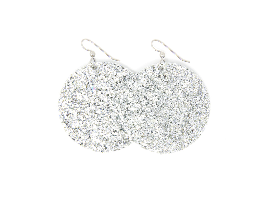 Sparkle in Silver Round Leather Earrings