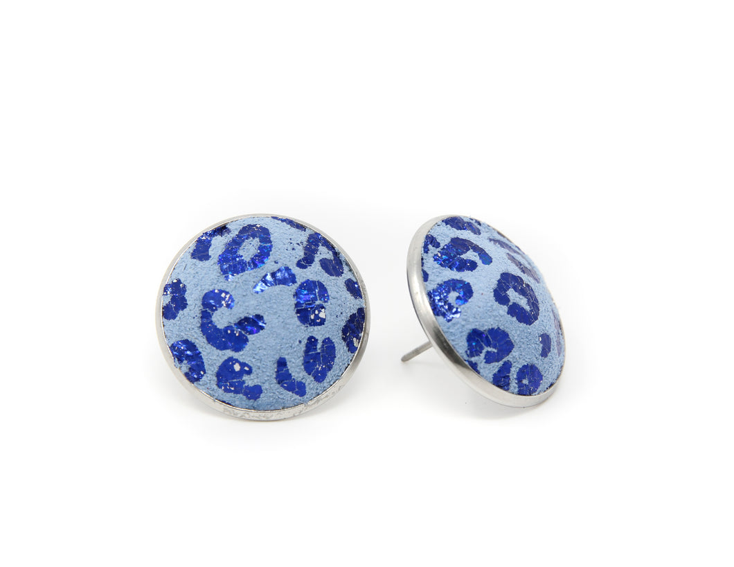 Blue Cheetah Full Circle Button Earrings