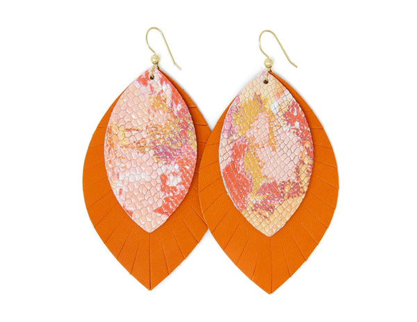 Sunset With Orange Layered Leather Earrings