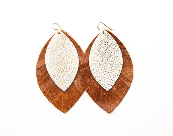 White Sands With Brown Layered Leather Earrings