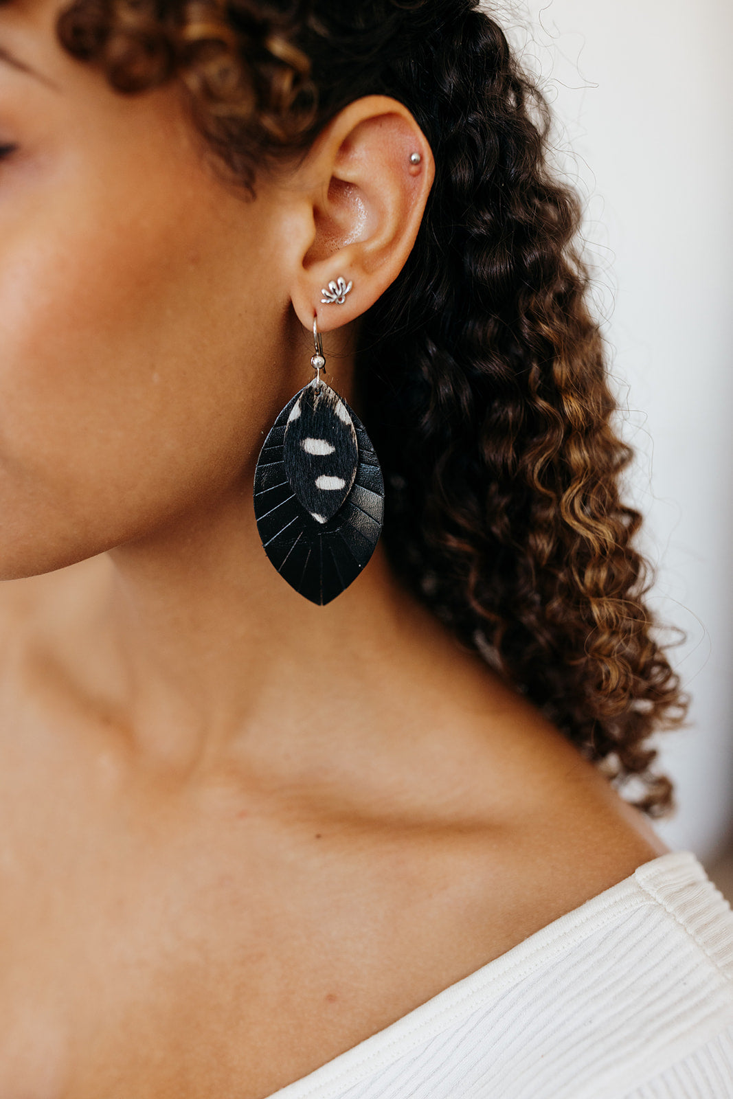 Spotted in White with Black Fringe Layered Earrings