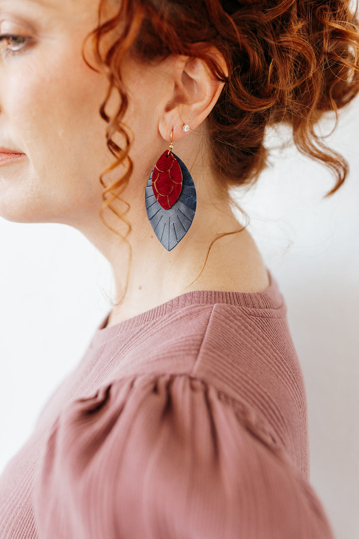 Scalloped in Red with Navy Fringe Layered Earrings