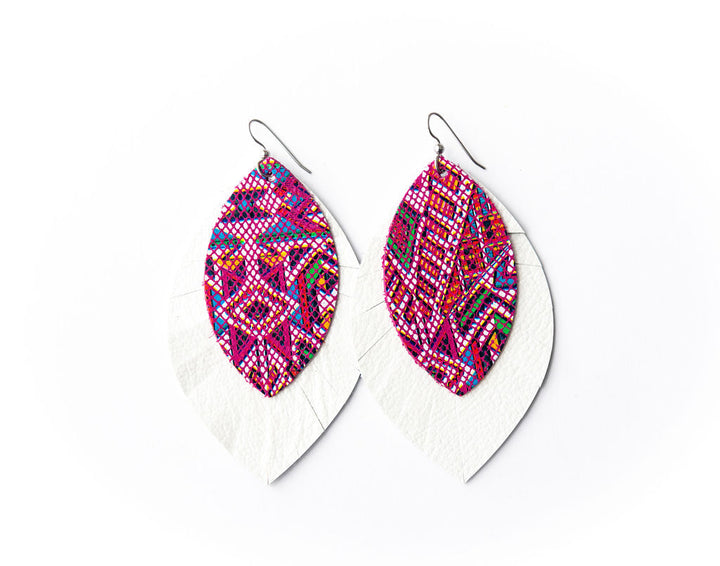 Raspberry Beret with White Fringe Layered Earrings