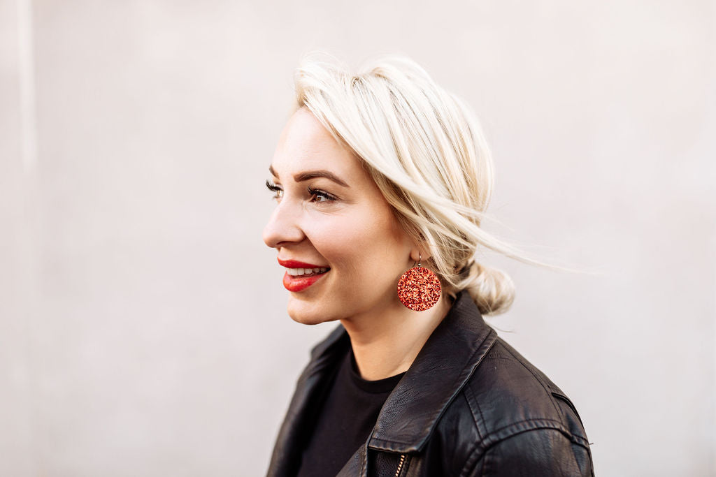 Sparkle in Red Round Leather Earrings