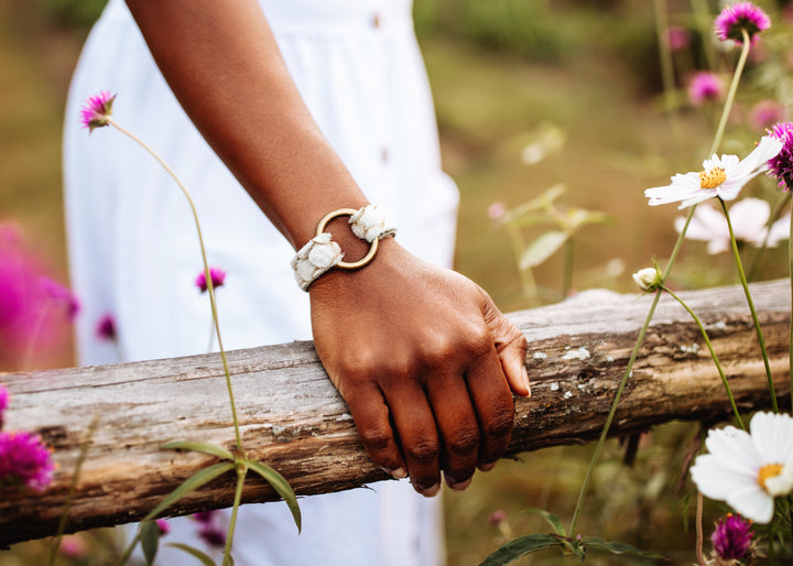 Scalloped in Taupe and Cream Leather Bracelet