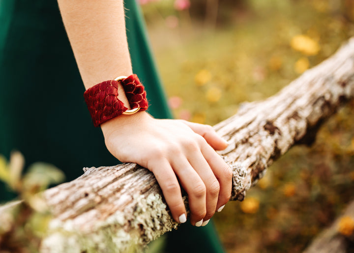 Scalloped in Red Leather Cuff