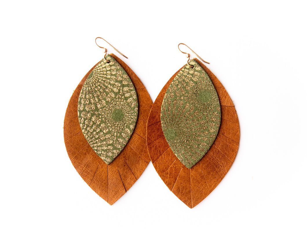 Green Starburst with Brown Fringe Layered Earrings