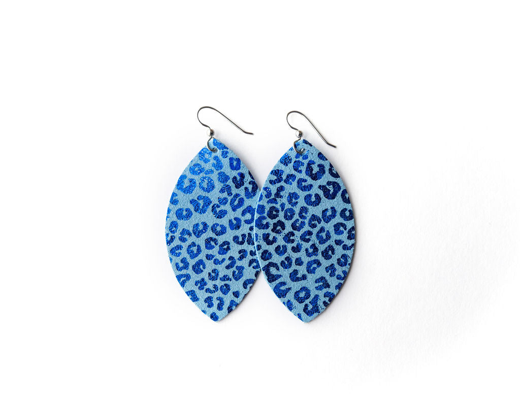 Blue Cheetah Leather Earrings