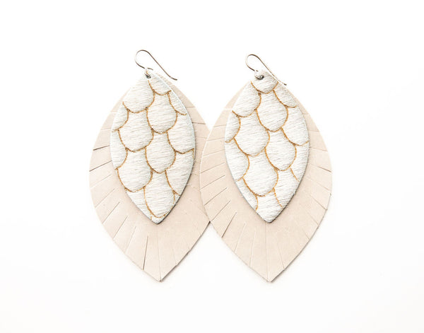 Scalloped in Cream with Cream Fringe Layered Earrings