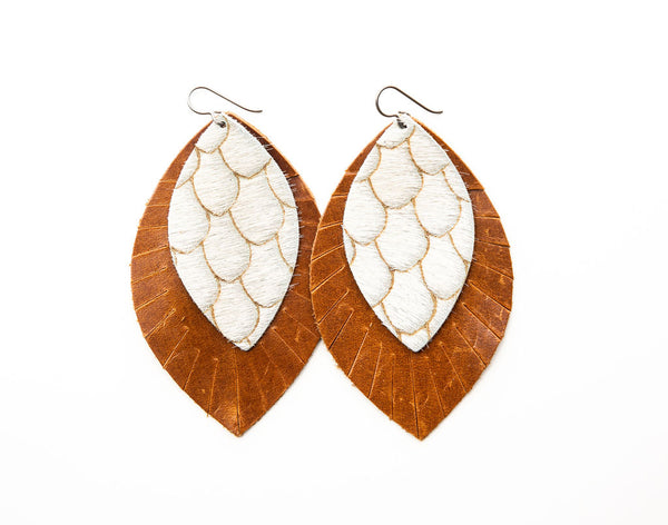 Scalloped in Cream with Brown Fringe Layered Earrings