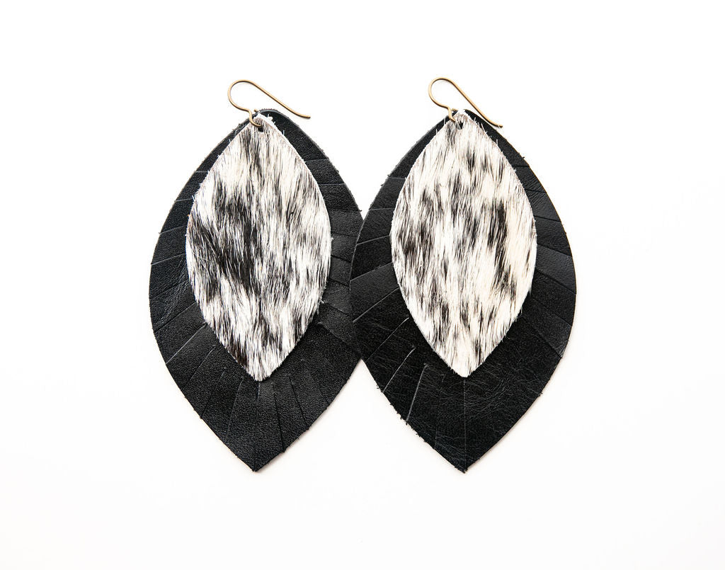 Snow Leopard with Black Fringe Layered Earrings
