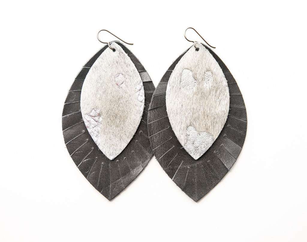 Silver Foil with Gray Fringe Layered Earrings