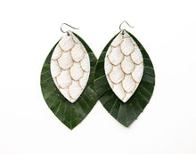 Load image into Gallery viewer, Scalloped in Cream with Dark Green Fringe Layered Earrings
