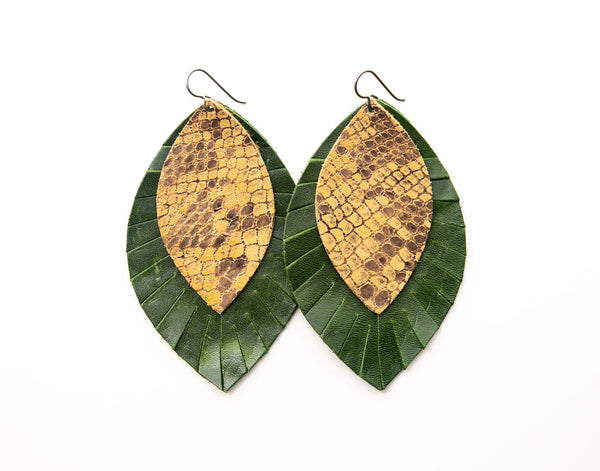 Butterscotch with Dark Green Fringe Layered Earrings