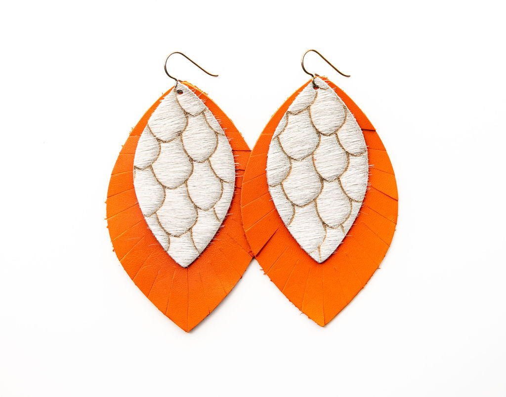 Scalloped in Cream with Orange Fringe Layered Earrings