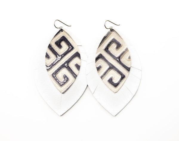Greek Key with White Fringe Layered Earrings