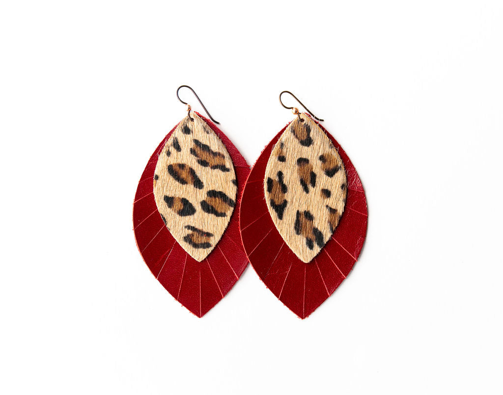 Leopard with Red Fringe Layered Earrings
