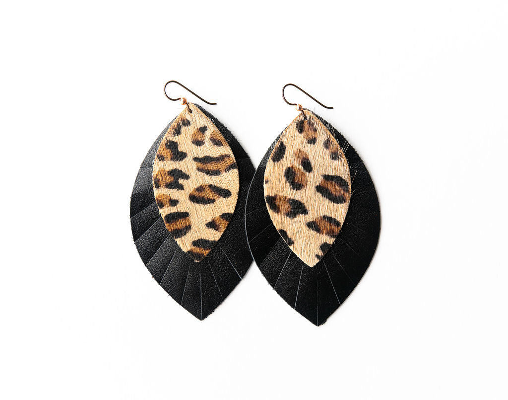Leopard with Black Fringe Fringe Layered Earrings
