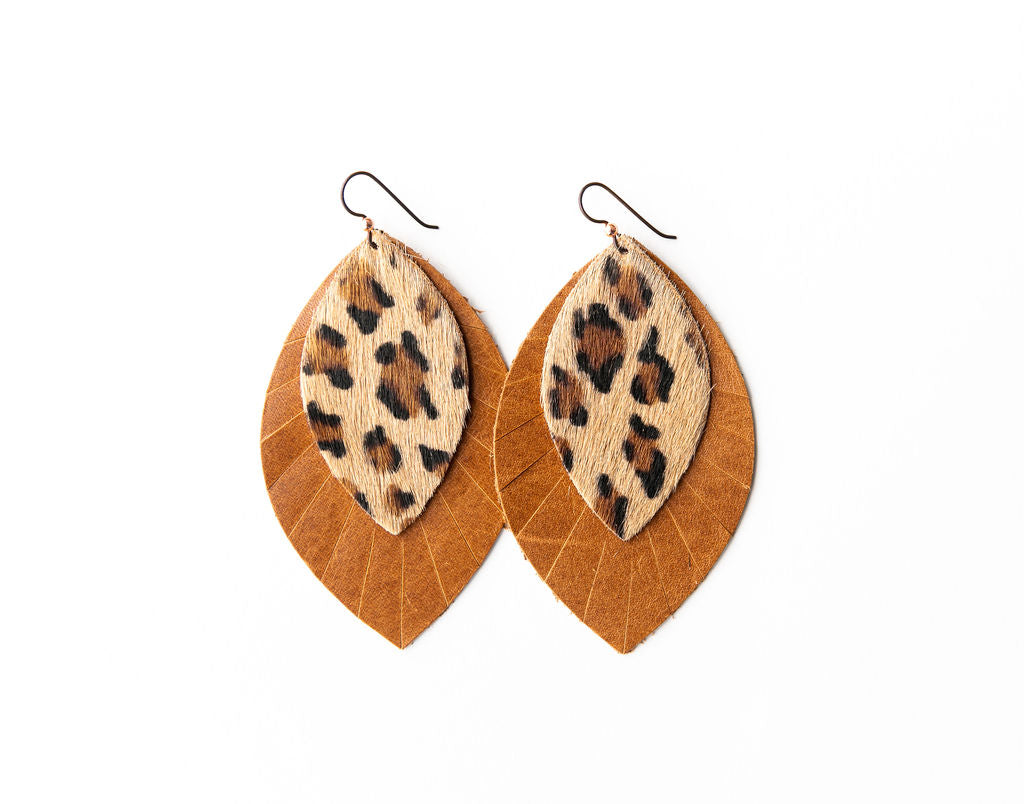Leopard with Brown Fringe Layered Earrings