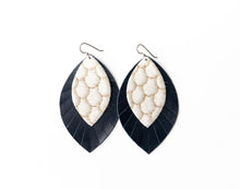Load image into Gallery viewer, Scalloped in Cream  with Navy Fringe Layered Earrings
