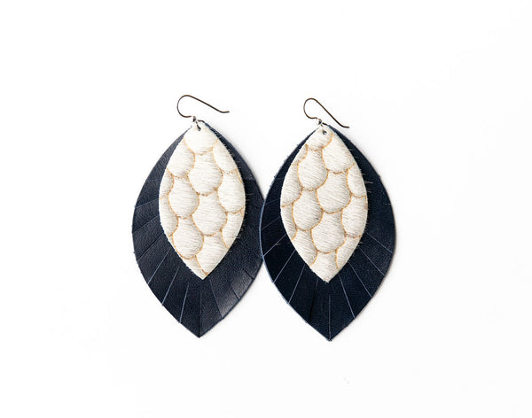 Scalloped in Cream  with Navy Fringe Layered Earrings