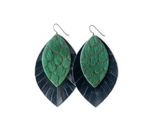 Load image into Gallery viewer, Scalloped in Green with Navy Fringe Layered Earrings
