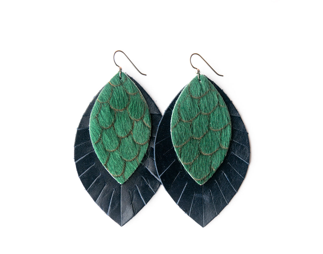 Scalloped in Green with Navy Fringe Layered Earrings