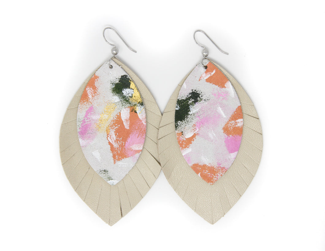 Small Steps with Cream Fringe Layered Earrings | Hand-Painted by Rachel Camfield