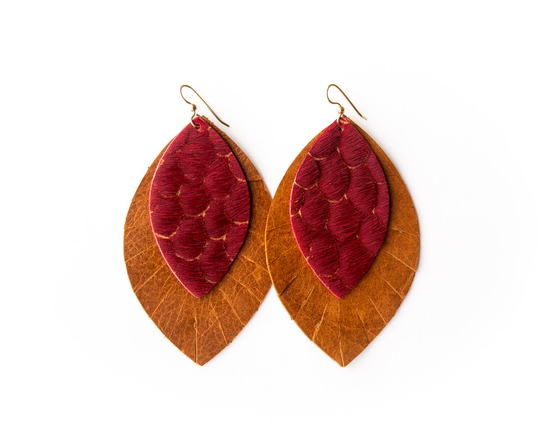 Scalloped in Red with Brown Fringe Layered Earrings