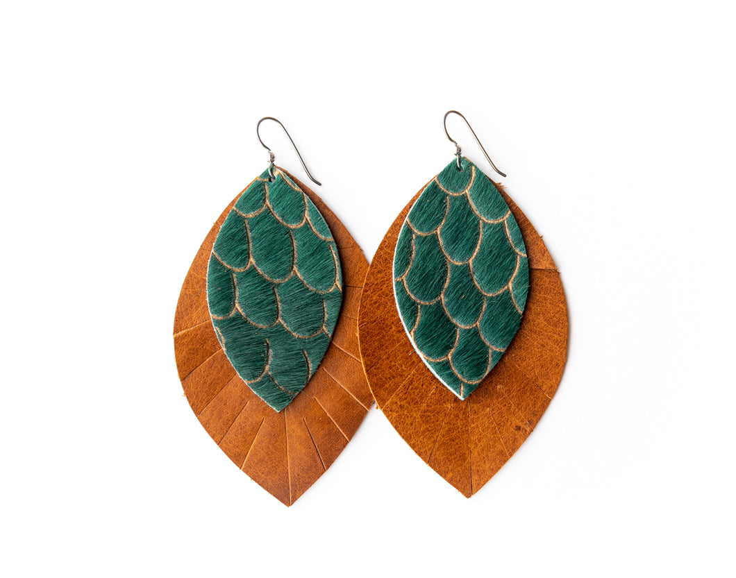 Scalloped in Green with Brown Fringe Layered Earrings