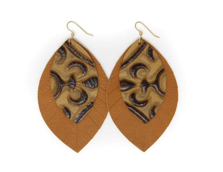 Fleur de Lis with Brown Fringe Layered Earrings