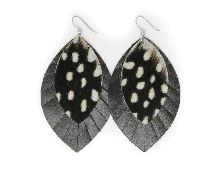 Spotted in White with Black Fringe Layered Earrings