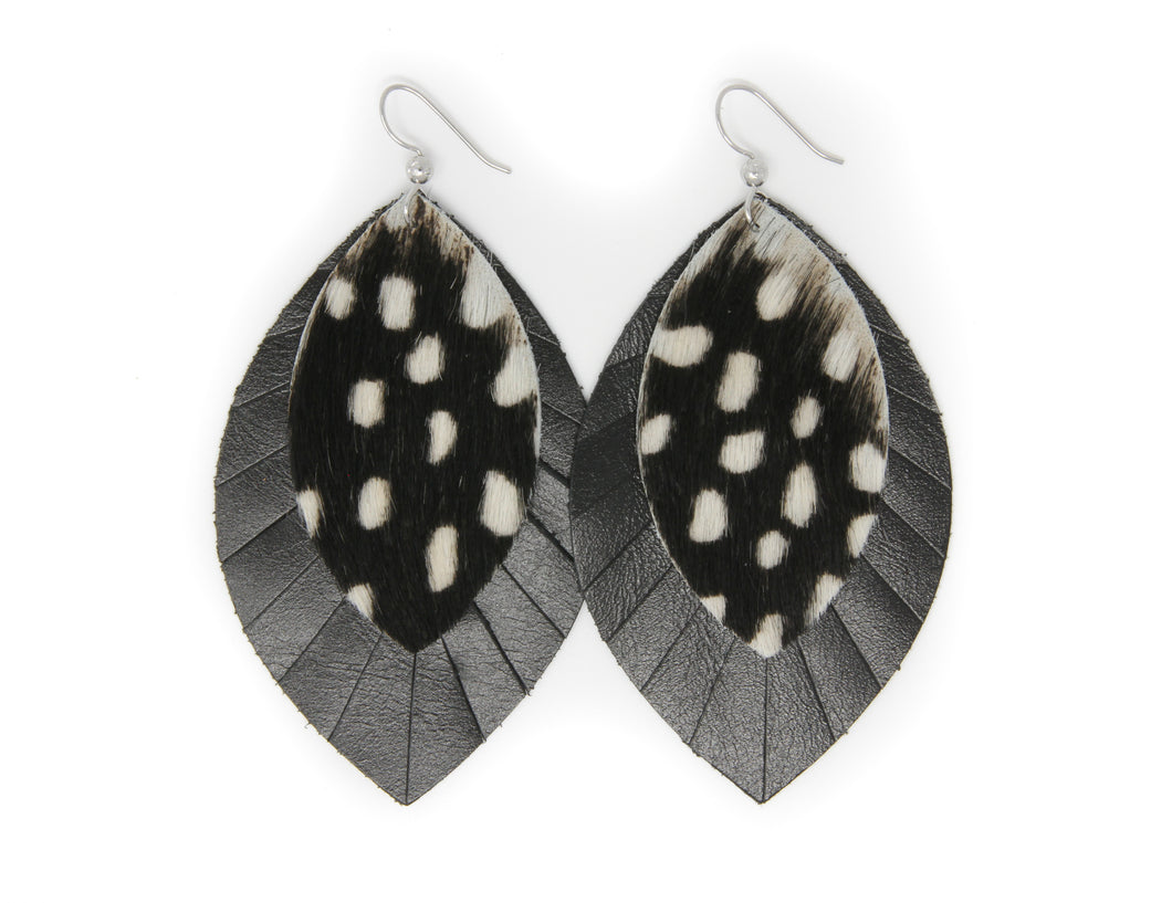 Spotted in White with Black Fringe Layered Earrings