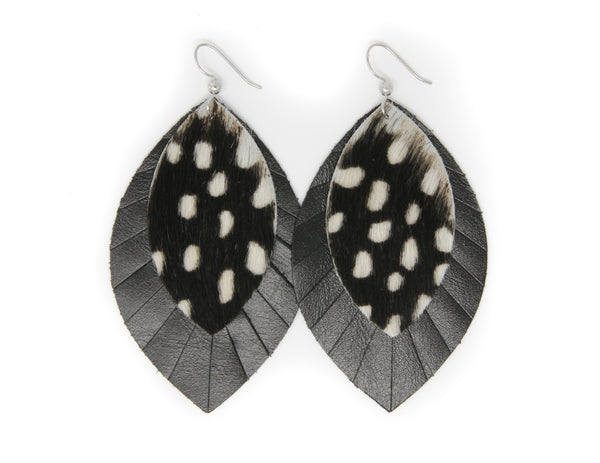 Spotted in White with Black Fringe Layered Earrings
