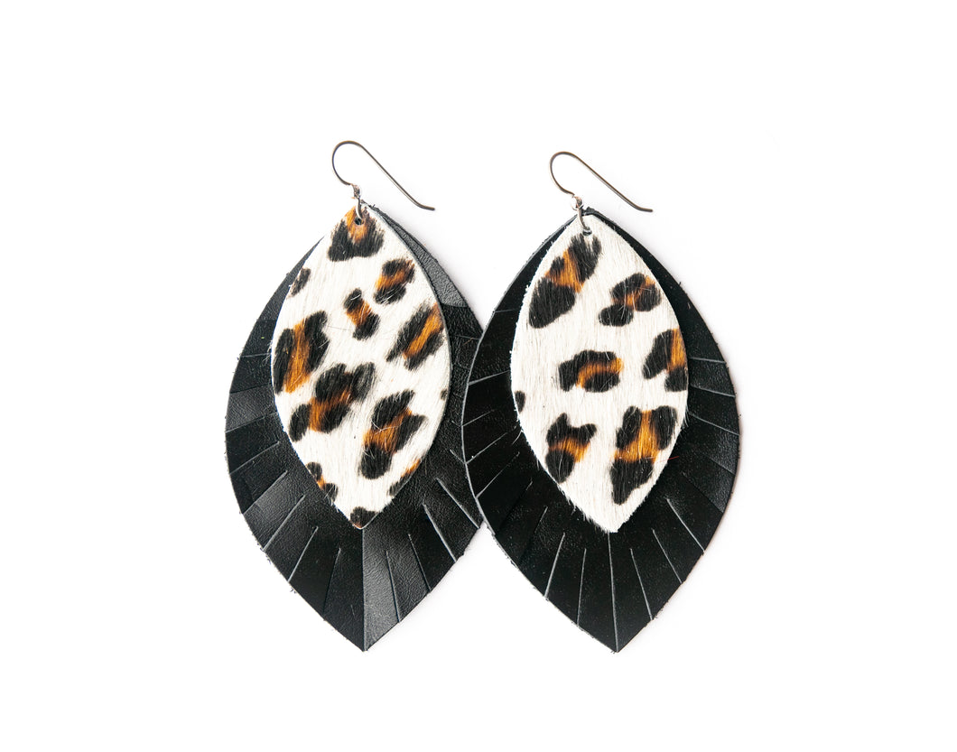 Leopard in White with Black Fringe Layered Earrings