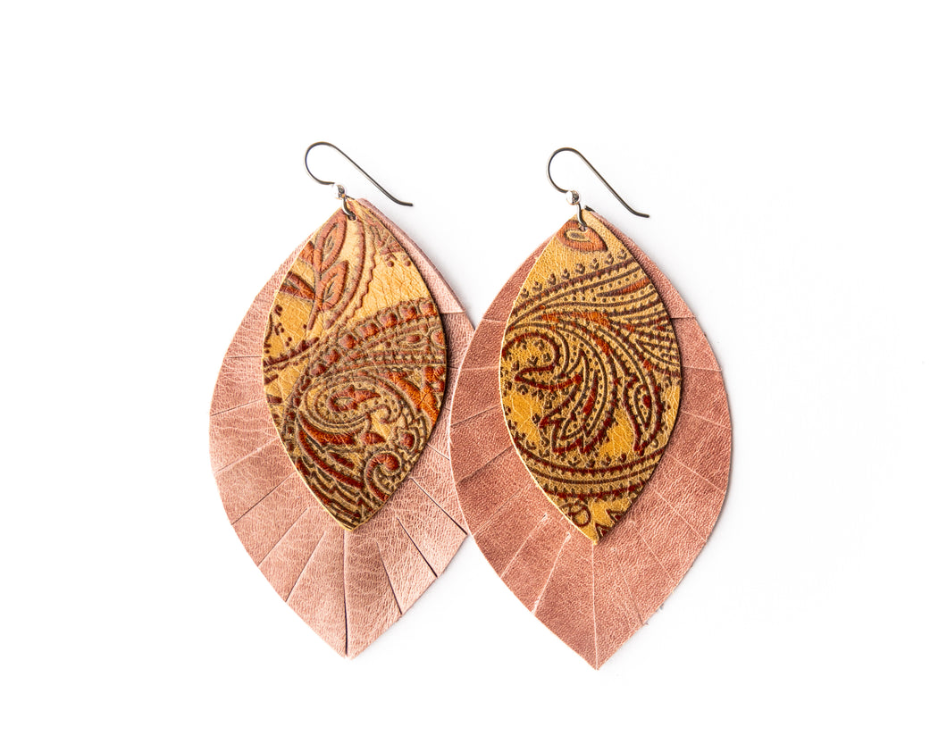 Carved Brown with Blush Fringe Layered Earrings
