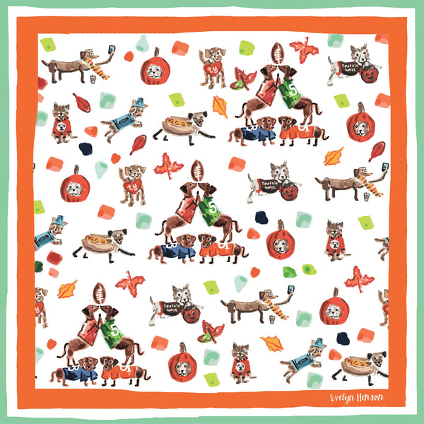 Autumn inspired dog scarf with Halloween, football, and puppies dressed up and celebrating fall