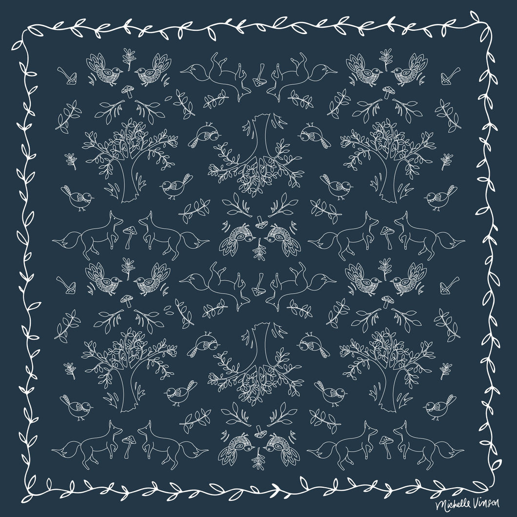 Navy blue scarf with woodland critters, birds, and trees