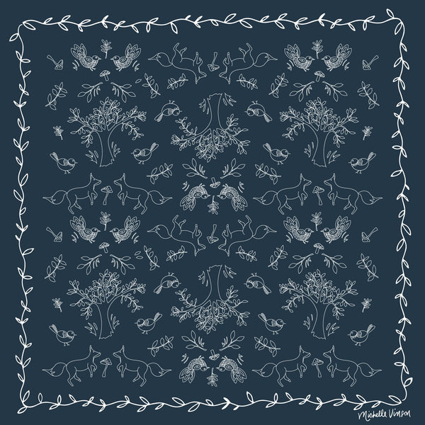 Navy blue scarf with woodland critters, birds, and trees