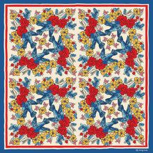 Load image into Gallery viewer, Red white blue and yellow floral scarf bandana with bluebirds
